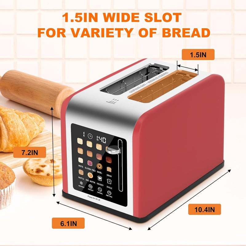 Clixane 2 Slice Toaster Touch Screen, Stainless Steel Toasters Digital Timer 2 Slot Toasters, 8 Shade Settings 6 Bread Types for Bagel, Cancel, Defrost (Red) - Image 3